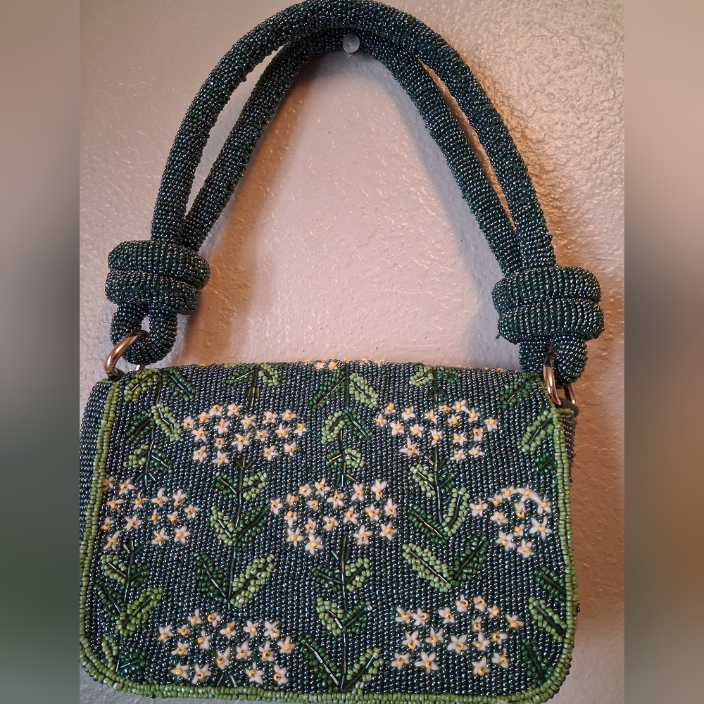 Anthropologie Green Floral Beaded Shoulder Bag - Picture 2 of 6